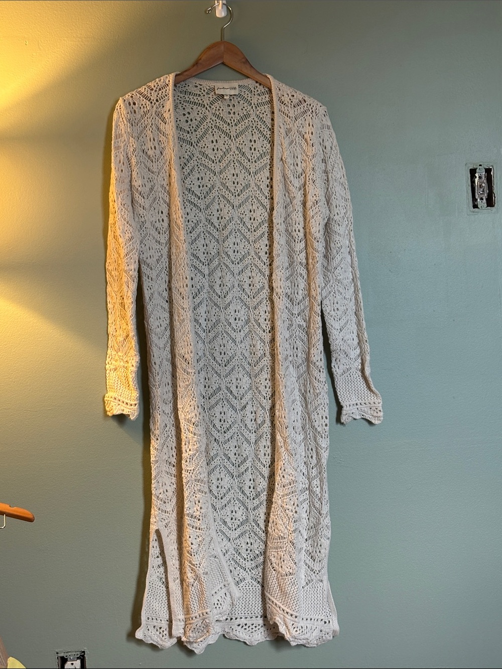 Openwork Long Knit Cardigan in Light Cream
